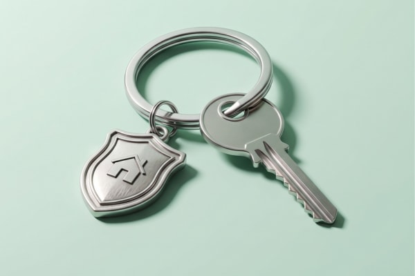 Une clé avec un porte clé en forme de bouclier